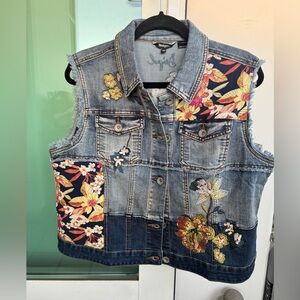 Desigual Denim Vest with Floral Embroidery
